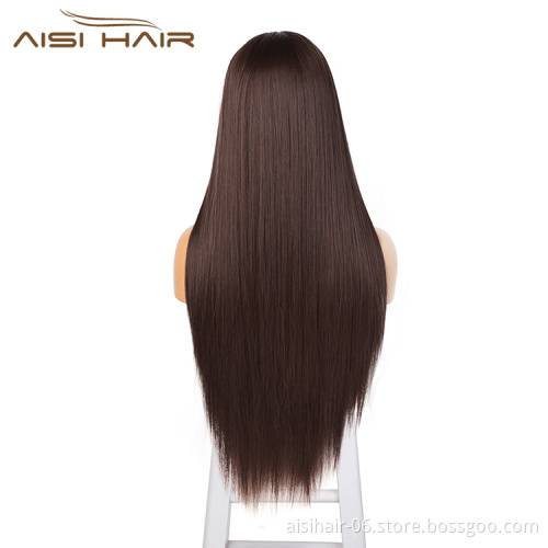 Aisi Hair Long Silky Straight Wave Brown Wig Cheap Swiss Lace Wig Synthetic Hair Lace Frontal Wigs For Black White Women